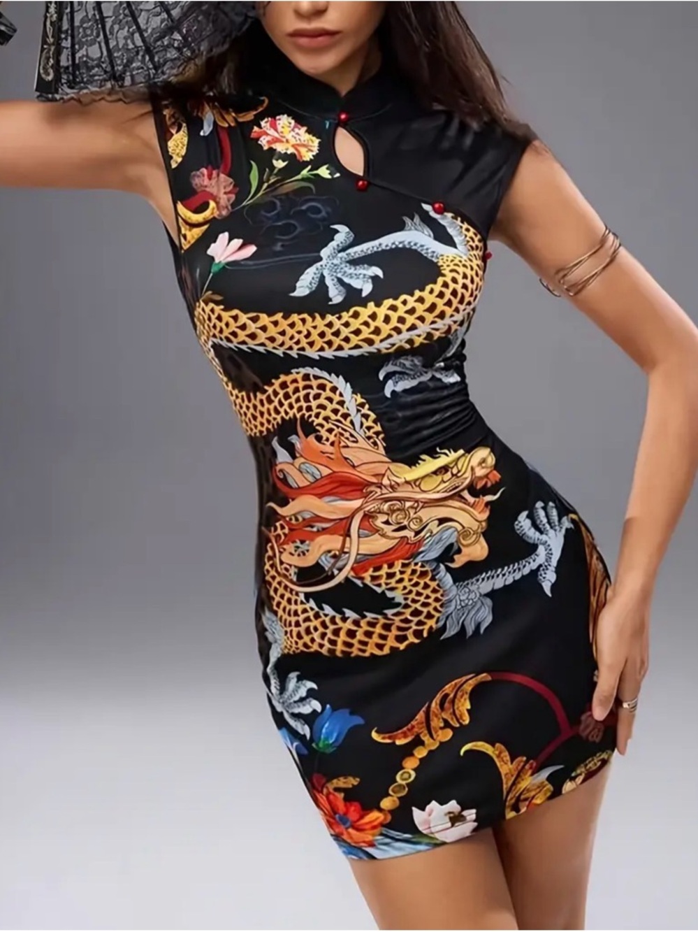 Black Dragon Print Sleeveless Bodycon Dress